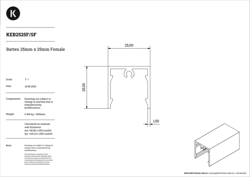 KEB2525FSF 25 x 25 mm profile (F) batten