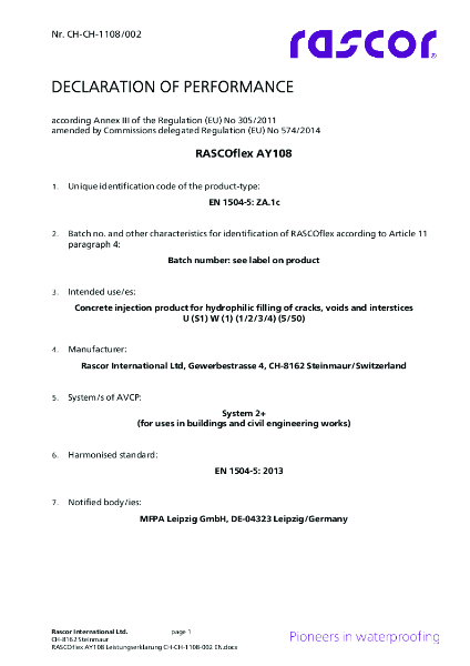 RASCOflex AY108 Declaration of Performance EN CH-CH-1108-002