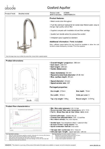 Gosford Aquifier (Brushed Nickel) Consumer Specification