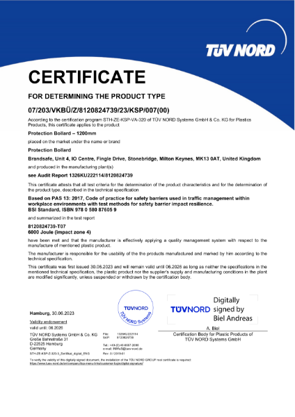 Protection Bollard - PAS 13 Test Certificate - TÜV NORD