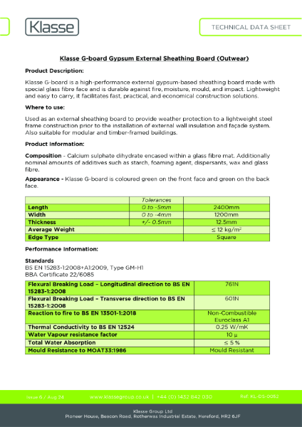 Klasse G-board Gypsum External Sheathing Board (Outwear) TDS