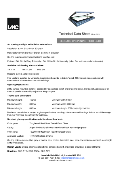 EcoGard Data Sheet Opening Rooflight - Ventilation 09.04.2025