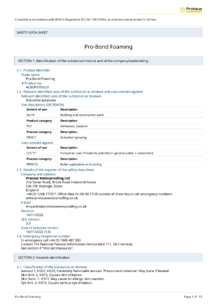 Material Safety Data Sheet - Proteus Pro-Bond Foaming