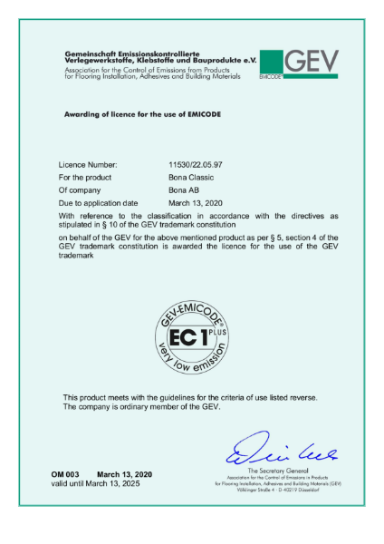 Bona Classic - EC1 PLUS - Emicode, GEV license/ certificate