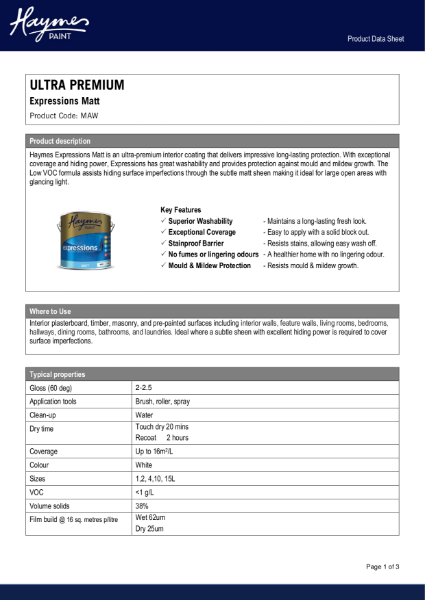 Expressions Matt Acrylic Product Data Sheet.