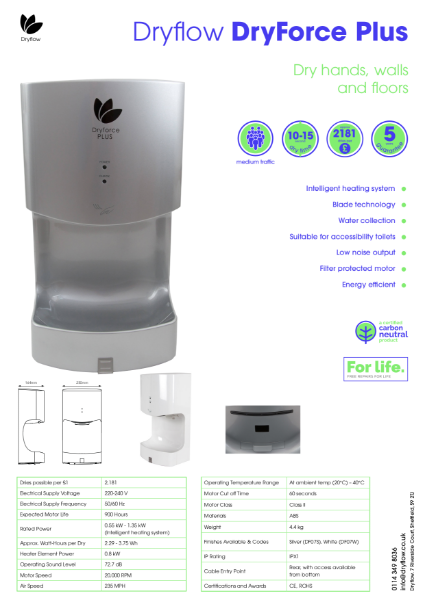 Hand Dryer Spec Sheet - Dryflow® DryForce Plus Hand Dryer