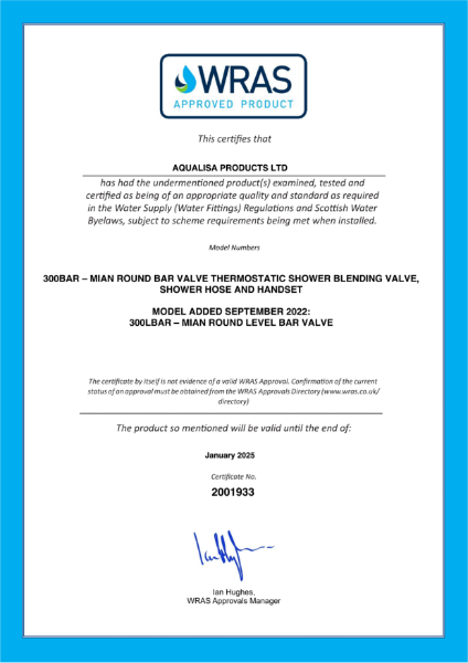 300LBAR WRAS Approval Certificate