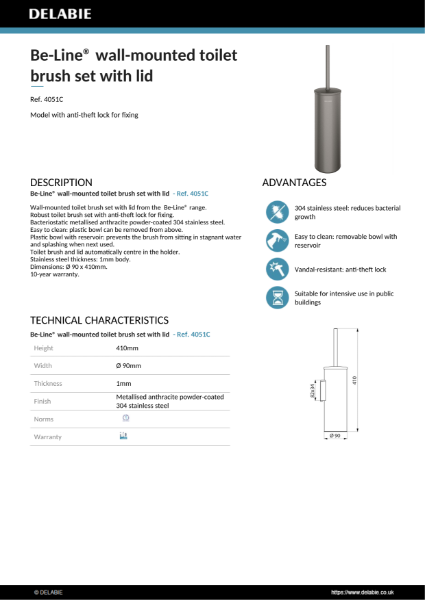 Anthracite wall-mounted toilet brush set
with lid Data Sheet - 4051C