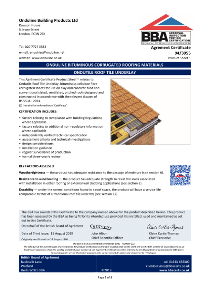 94/3055 Ondutile roof tile underlay system