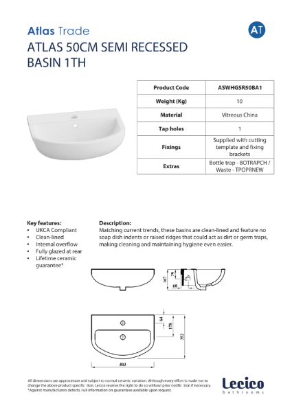 Atlas 50cm Semi Recessed Basin 1TH Data Sheet