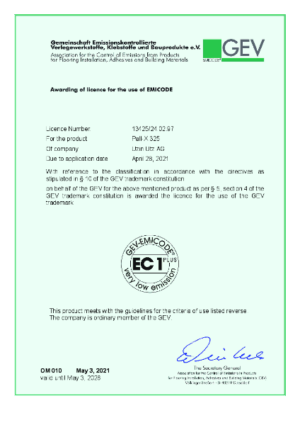EC1 Certificate for PALLMANN PALL-X 325 Wood Primer