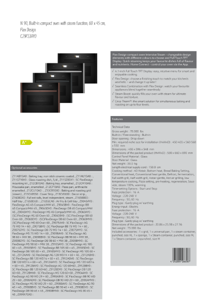 Compact 45cm Steam Ovens Bronze trim C29FS3AY0, Datasheet