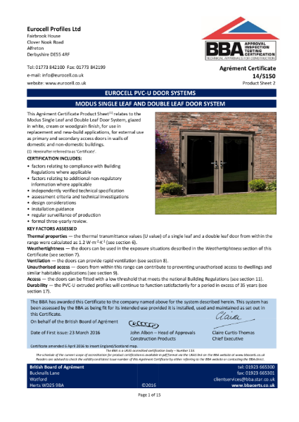 Modus Door BBA Certificate 14/5150