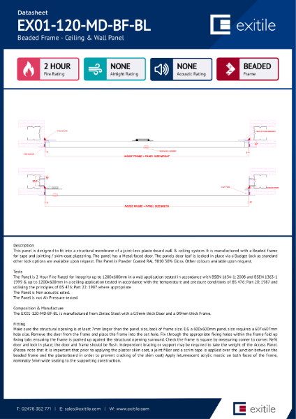 Datasheet - Slimfit Metal Access Panel - Beaded Frame - 2 Hour Fire Rated