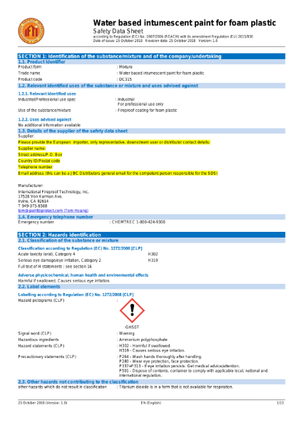 DC315 Intumescent Coating Safety Data Sheet