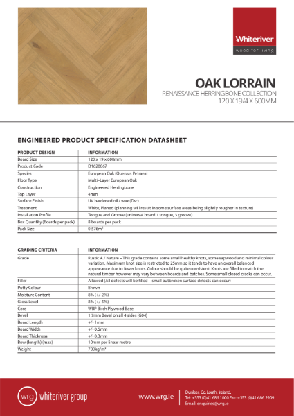 120 x 19 x 600mm Renaissance Oak Lorrain Herringbone Spec Sheet