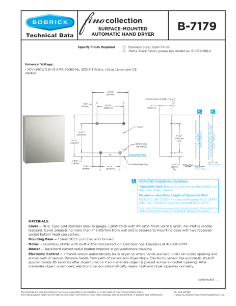 B-7179 Hand Dryer Technical Data Sheet