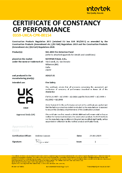 Morley-IAS MAX MA-2000 EN54-2 & 4 Certificate of Performance
