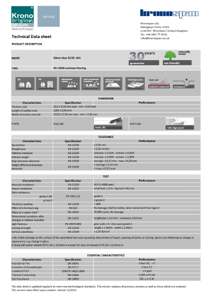 Krono Original® 10mm Vintage Classic Technical Datasheet