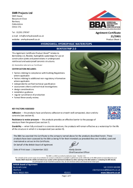  Hydroswell Hydrophilic Waterstops: Agrément Certificate 21/5901