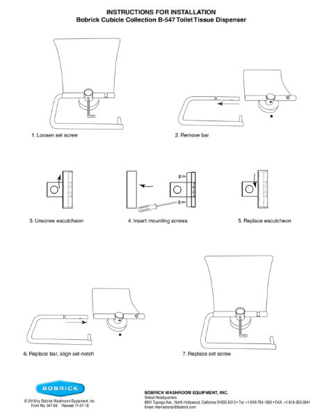 Instructions for Installation - Bobrick Cubicle Collection B-547 Toilet Tissue Dispenser