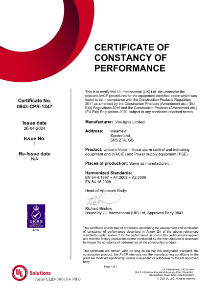 Certificate Of Constancy of Performance 0843-CPR-1347