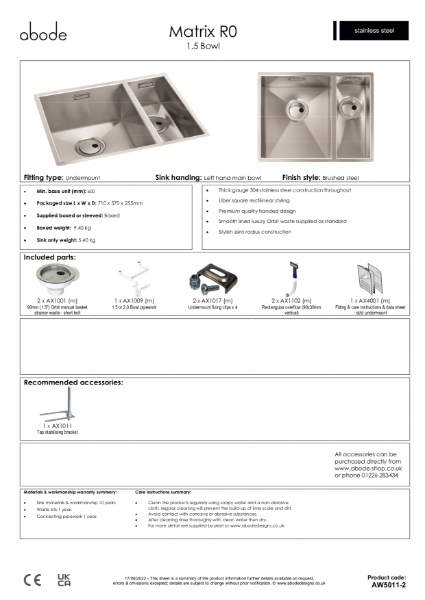 Matrix R0, Stainless Steel 1.5 LH Small Bowl - Consumer Specification