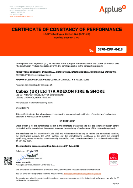 Adexon-FC60EW & FC90EW Vertical Fire Curtain (Integrity & Radiation & Smoke) - Certificate 0370-CPR-6418 -- EN 16034_2014 -- Exp 25,06,30