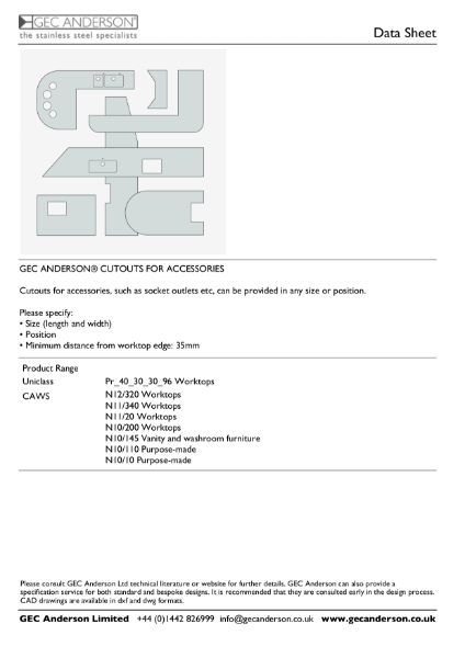GEC Anderson Data Sheet - Cutouts for accessories
