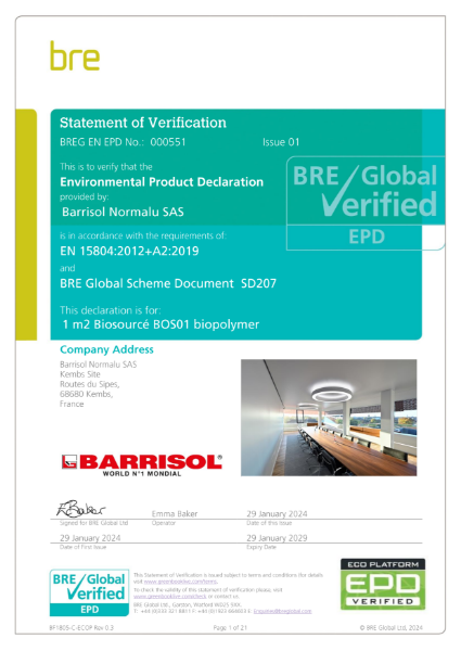 Barrisol Biosourcee Environmental Product Declaration