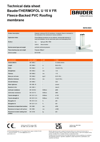 BauderTHERMOFOL U 15 V FR Fleece-Backed PVC Roofing
membrane (Light Grey)