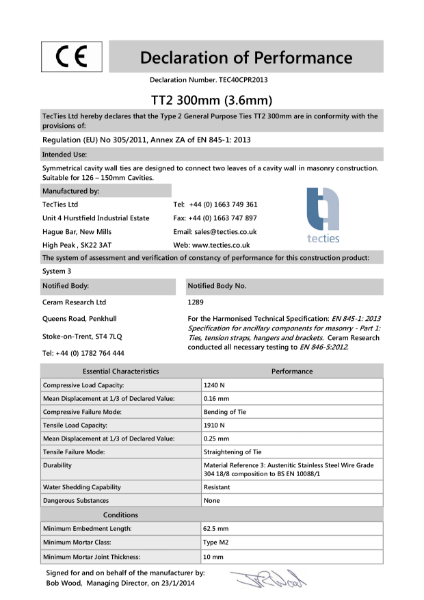 TT2300 3.6MM 150MM CAVITY Declaration of Performance