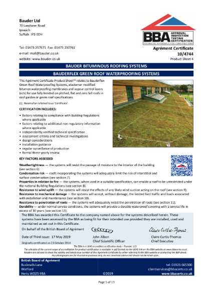 Certificate: Bauderflex Green Roof Systems 10/4744 