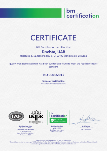 ISO 9001 quality management DOVISTA, UAB