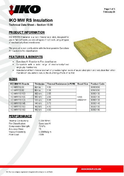 Technical Data Sheet (TDS) - IKO MW RS Insulation Board