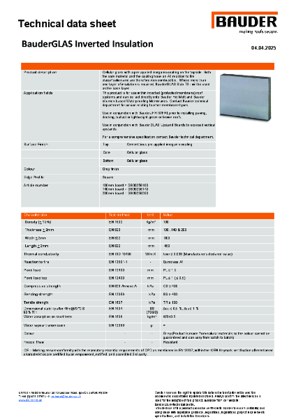BauderGLAS Inverted Insulation Technical Data Sheet