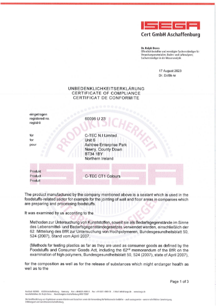 CT1 Colours ISEGA Foodstuff Safe - Certificate of Compliance