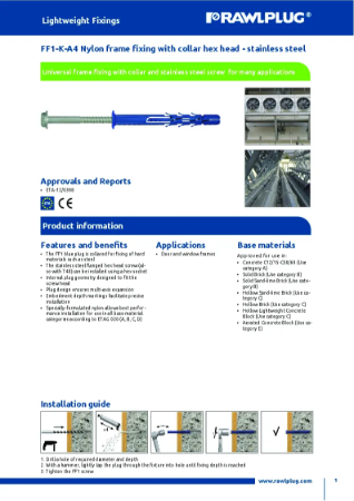 Rawlplug® FF1 Nylon Frame Fixing, A4 stainless steel - Technical Data Sheet