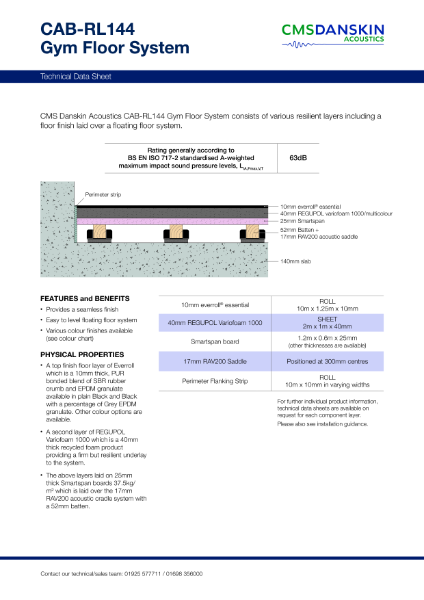 CMS Danskin Acoustics Gym Floor System CAB-RL144 – Product Data Sheet