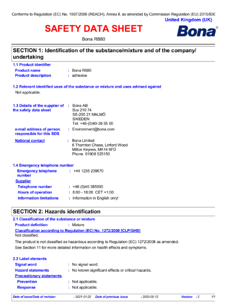 Bona R880 - Safety Data Sheet | Bona Limited | NBS Source