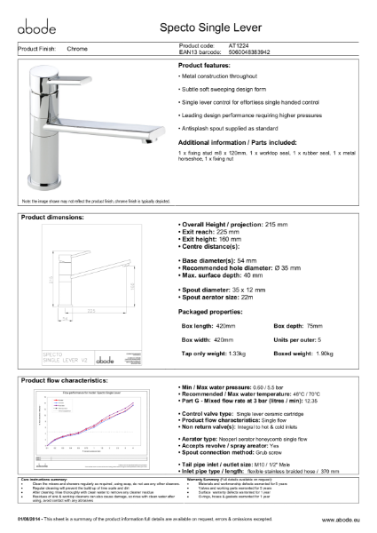 Specto Single Lever in Chrome - Consumer Specification