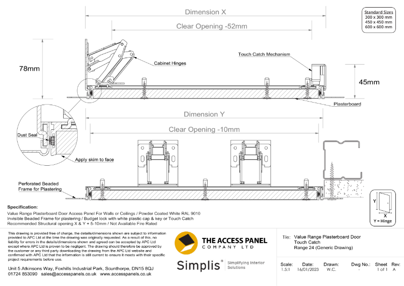 Value Range Plasterboard Door with Touch Catch Technical Drawing