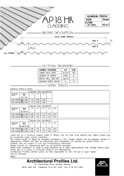 AP18HR - Aluminium - Cladding Data Sheet