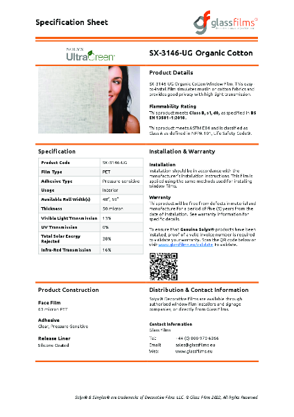 SX-3146-UG Organic Cotton Specification Sheet