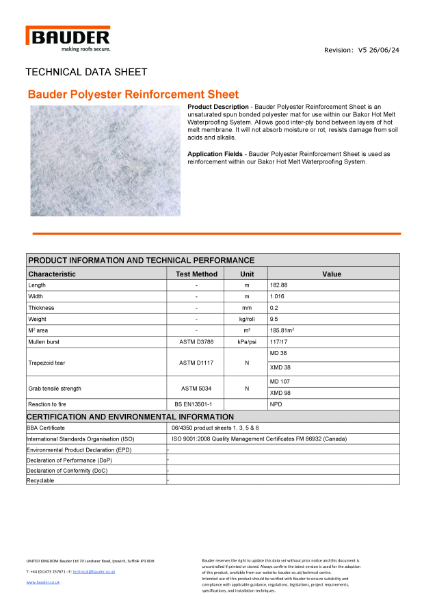 Bauder Polyester Reinforcement Sheet - Technical Data Sheet