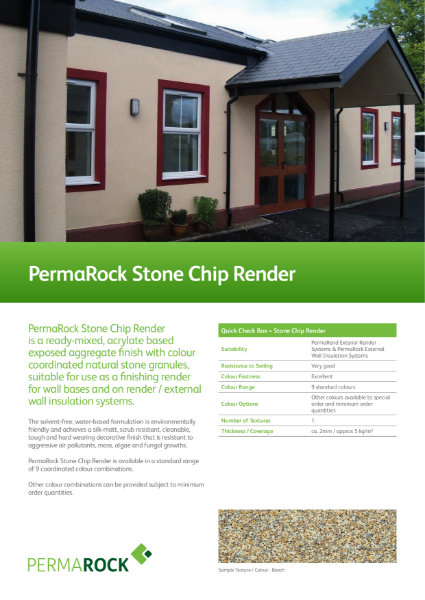 PermaRock Stone Chip Render (hard wearing, low maintenance, acrylate based exposed aggregate finish with colour coordinated natural stone granules)