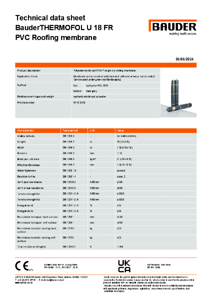 BauderTHERMOFOL U 18 FR PVC Roofing membrane (Light Grey) - Technical Data Sheet