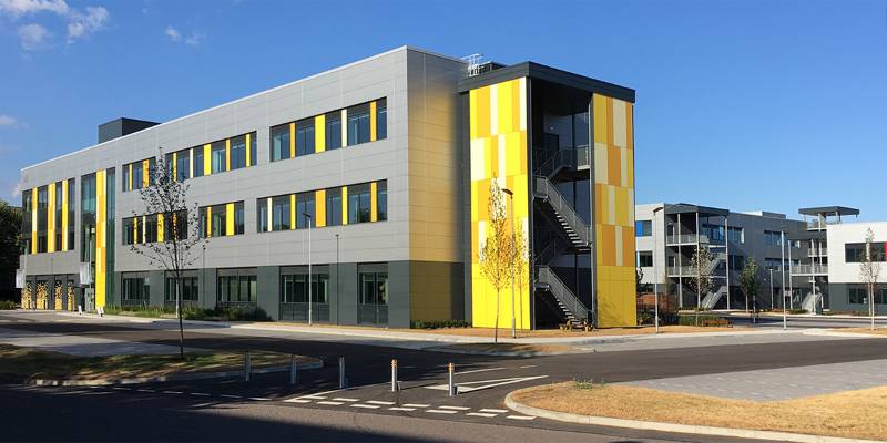 Balustrade infill panels, open mesh flooring, stair treads and louvred screening at Milton Park: new workspaces for the science & technology sector