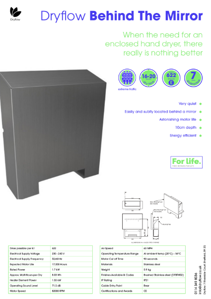 Hand Dryer Spec Sheet - Dryflow® Behind The Mirror Hand Dryer