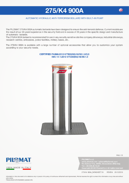 Macs K4 PAS68 HVM Automatic Bollard Data Sheet